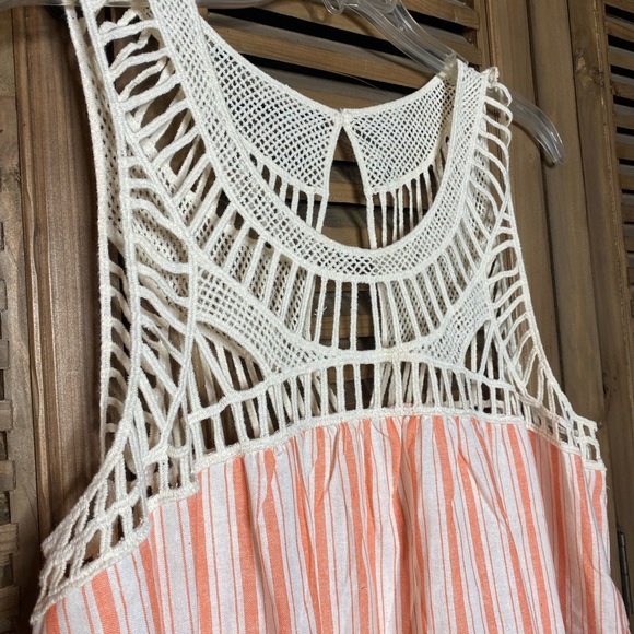 Boutique COTTON tangerine/cream stripe lace appliqué yolk flowy lined dress SZ M - Picture 5 of 8